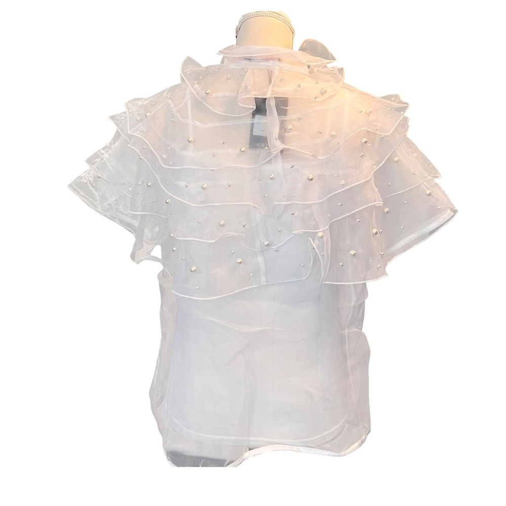 #A015  RomanticStyle EveningGlam  Nancy  White  Organza  Pearl  Ruffle Top NWT M - Picture 4 of 11